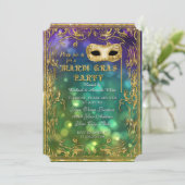 マルディグラス仮装マスク《写真》ぼけ味金ゴールドグリッター 招待状 (スタンド正面)