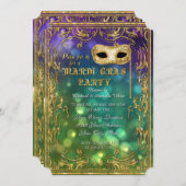 マルディグラス仮装マスク《写真》ぼけ味金ゴールドグリッター 招待状 (正面/裏面)