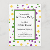 マルディグラス水玉模様よくはしゃぐ誕生日招待状 インビテーションポストカード (正面)