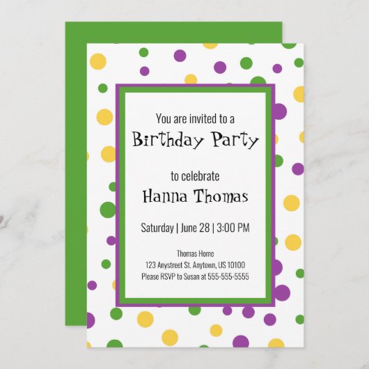 マルディグラス水玉模様よくはしゃぐ誕生日招待状 招待状 (正面/裏面)