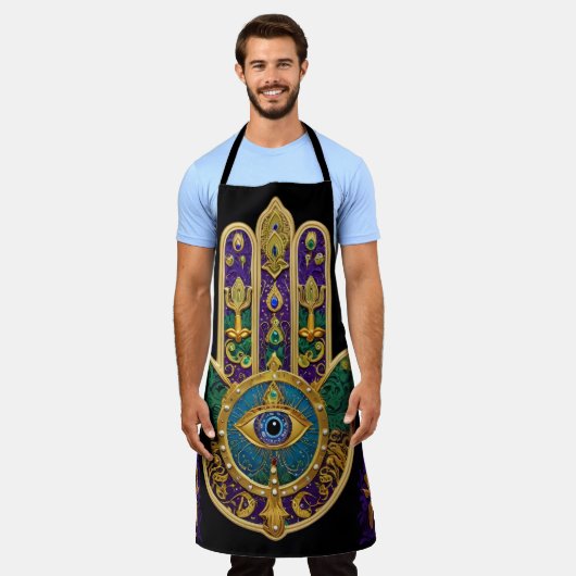 マルディグラス金ゴールドパープルグリーンハムサアート エプロン (着用した状態)