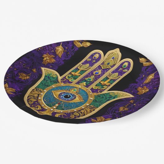 マルディグラス金ゴールドパープルグリーンハムサアート ペーパープレート (アングル)