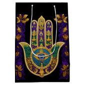 マルディグラス金ゴールドパープルグリーンハムサアート ミディアムペーパーバッグ (裏面)