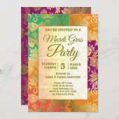 マルディグラス金ゴールド仮装マスクパープルグリーン 招待状 (正面/裏面)