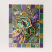 マルディグラス金ゴールド&グリーンカラフルフェザーズマスク ジグソーパズル (縦)