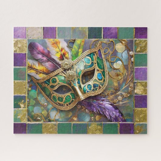 マルディグラス金ゴールド&グリーンカラフルフェザーズマスク ジグソーパズル (横)