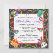 マルディグラパーティの招待状とマスクとビーズ 招待状 (正面)