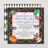 マルディグラパーティの招待状とマスクとビーズ 招待状 (正面/裏面)