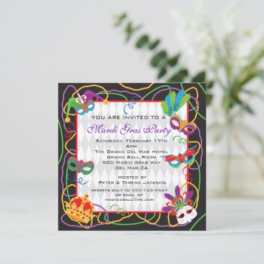 マルディグラパーティの招待状とマスクとビーズ 招待状 (スタンド正面)