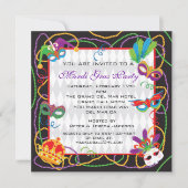 マルディグラパーティの招待状とマスクとビーズ 招待状 (正面)