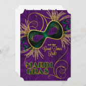 マルディグラパーティーインパープル金ゴールドグリーン 招待状 (正面/裏面)