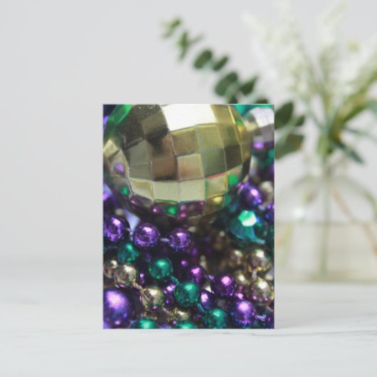 マルディグラビーズ金ゴールドはがき招待状テンプレート インビテーションポストカード (スタンド正面)