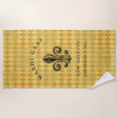 マルディグラフルーアデリス・ハーレクイン名前&年を追加 ビーチタオル (正面)