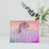 マルディグラマスカレードマスクパープル招待状 ポストカード (スタンド正面)