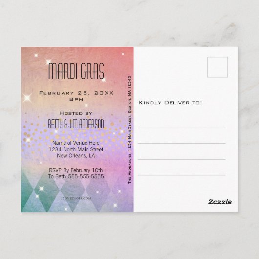 マルディグラマスカレードマスクパープル招待状 ポストカード (裏面)