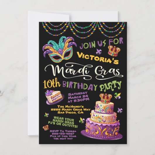 マルディグラ誕生日パジャマパーティー 招待状 (正面)