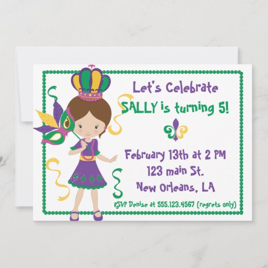 マルディグラ誕生日パーティーの少女への招待 招待状 (正面)