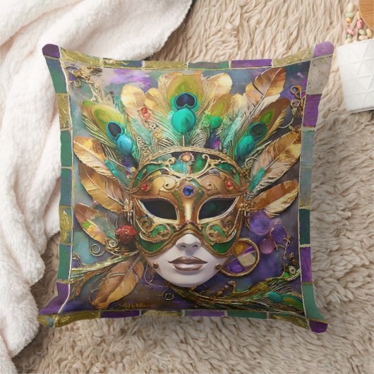 マルディグラ金ゴールドとグリーンピーコックフェザーマスク クッション (ブランケット)
