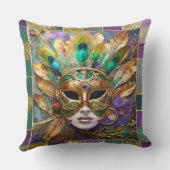 マルディグラ金ゴールドとグリーンピーコックフェザーマスク クッション (裏面)