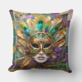 マルディグラ金ゴールドとグリーンピーコックフェザーマスク クッション (正面)