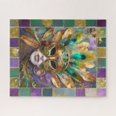 マルディグラ金ゴールドとグリーンピーコックフェザーマスク ジグソーパズル (横)