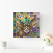 マルディグラ金ゴールドとグリーンピーコックフェザーマスク スクエア壁時計 (ホーム)