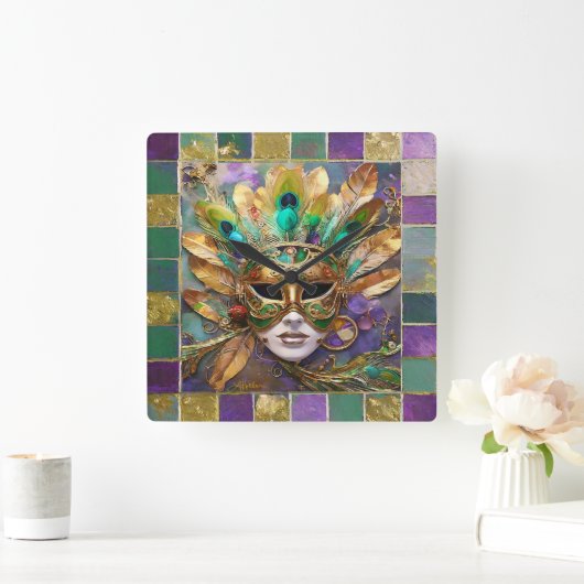 マルディグラ金ゴールドとグリーンピーコックフェザーマスク スクエア壁時計 (ホーム)