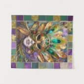 マルディグラ金ゴールドとグリーンピーコックフェザーマスク タペストリー (正面(横))