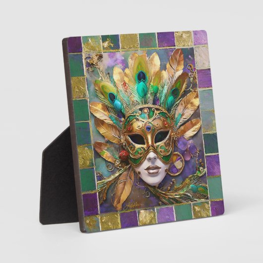 マルディグラ金ゴールドとグリーンピーコックフェザーマスク フォトプラーク (正面)