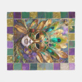 マルディグラ金ゴールドとグリーンピーコックフェザーマスク フリースブランケット (正面(横))