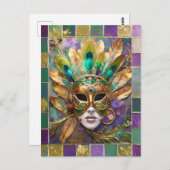 マルディグラ金ゴールドとグリーンピーコックフェザーマスク ポストカード (正面/裏面)
