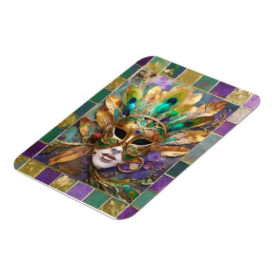 マルディグラ金ゴールドとグリーンピーコックフェザーマスク マグネット (左側)