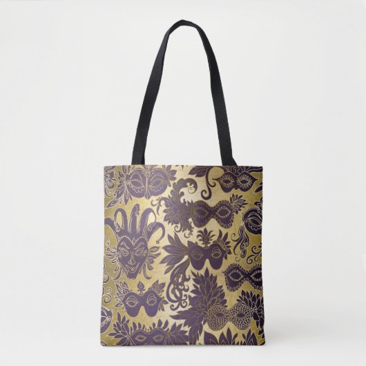 マルディグラ金ゴールドと紫のマスク トートバッグ (正面)