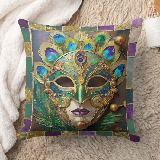 マルディグラ金ゴールドセラミックピーコックフェザーマスク クッション (ブランケット)