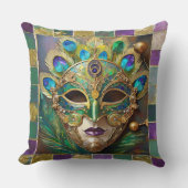 マルディグラ金ゴールドセラミックピーコックフェザーマスク クッション (正面)