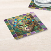 マルディグラ金ゴールドセラミックピーコックフェザーマスク スクエアペーパーコースター (アングル)