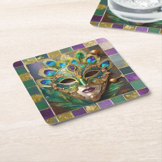 マルディグラ金ゴールドセラミックピーコックフェザーマスク スクエアペーパーコースター (アングル)