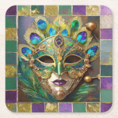 マルディグラ金ゴールドセラミックピーコックフェザーマスク スクエアペーパーコースター (正面)