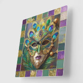 マルディグラ金ゴールドセラミックピーコックフェザーマスク スクエア壁時計 (傾斜)