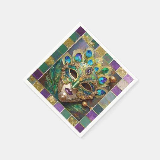 マルディグラ金ゴールドセラミックピーコックフェザーマスク スタンダードカクテルナプキン (角)