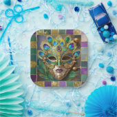 マルディグラ金ゴールドセラミックピーコックフェザーマスク ペーパープレート (パーティー)