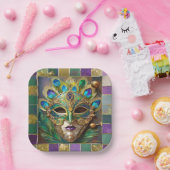 マルディグラ金ゴールドセラミックピーコックフェザーマスク ペーパープレート (パーティー)