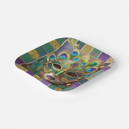 マルディグラ金ゴールドセラミックピーコックフェザーマスク ペーパープレート (傾斜あり)