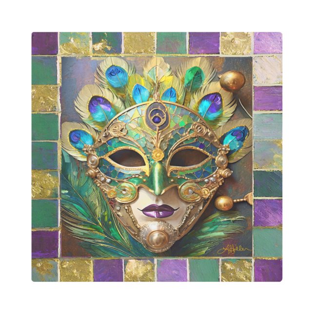 マルディグラ金ゴールドセラミックピーコックフェザーマスク メタルプリント (正面)