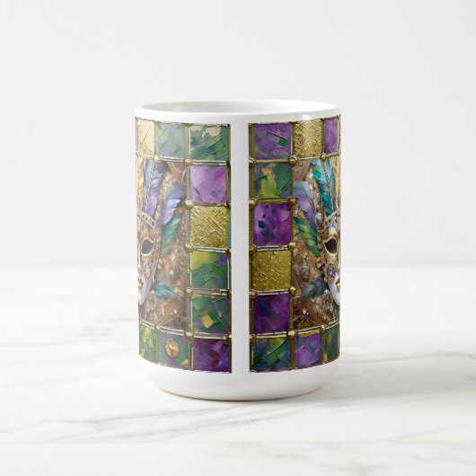 マルディグラ金ゴールド&セラミッカラフルクフェザーマスク コーヒーマグカップ (中央)