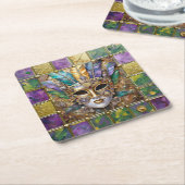 マルディグラ金ゴールド&セラミッカラフルクフェザーマスク スクエアペーパーコースター (アングル)