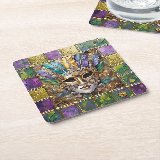 マルディグラ金ゴールド&セラミッカラフルクフェザーマスク スクエアペーパーコースター (アングル)