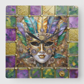 マルディグラ金ゴールド&セラミッカラフルクフェザーマスク スクエア壁時計 (正面)