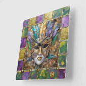 マルディグラ金ゴールド&セラミッカラフルクフェザーマスク スクエア壁時計 (傾斜)