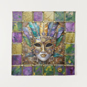 マルディグラ金ゴールド&セラミッカラフルクフェザーマスク タペストリー (正面)